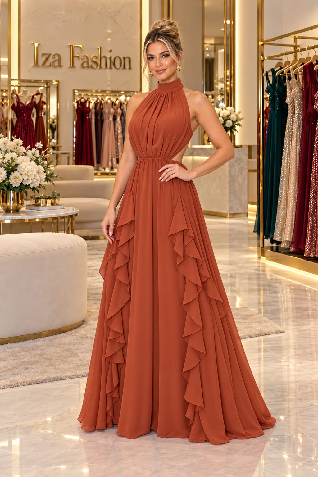 Vestido Longo Terracota Frente Única com Babados e Vazado na Cintura