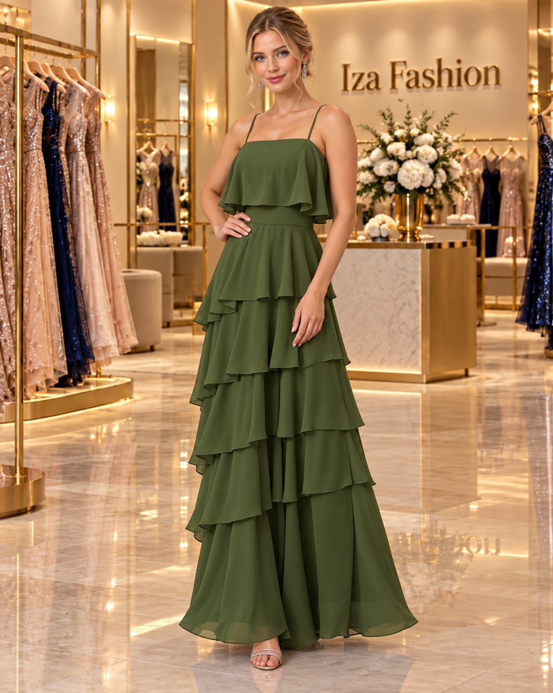 Vestido Longo Verde Oliva com Babados em Camadas e Alcinha Fina