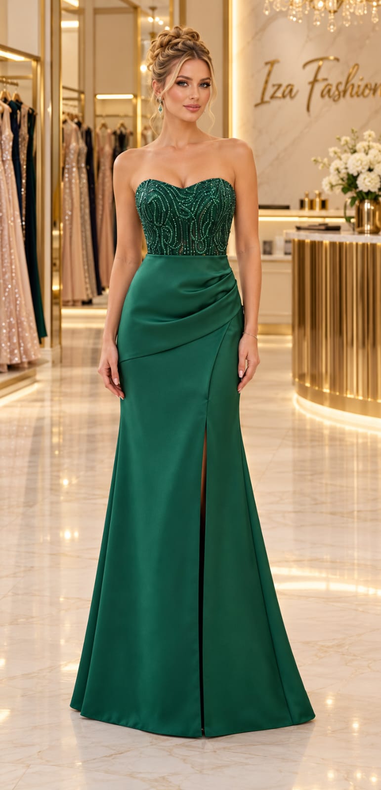 Vestido Longo com Corpo Bordado Verde Esmeralda