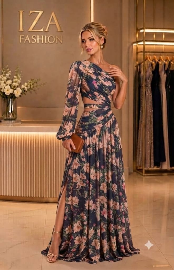 Vestido Longo de Festa Tule Estampado Floral Fundo Marinho Ombro Único com Recortes e Fenda