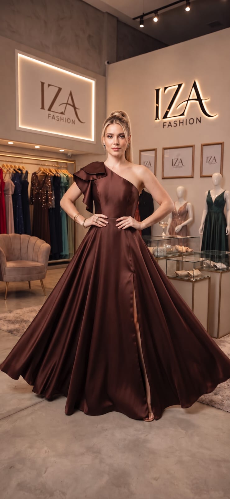 Vestido Longo em Zibeline Marrom Chocolate um Ombro Só e Fenda