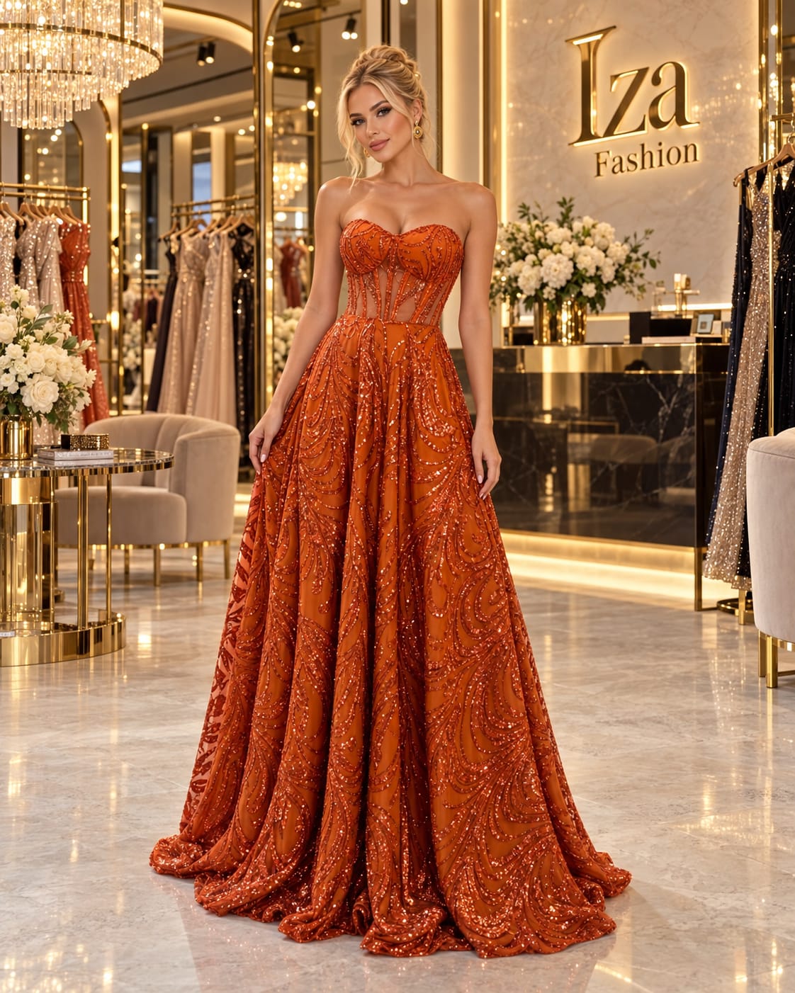 Vestido Longo Terracota com Corpete Estruturado Tomara que Caia